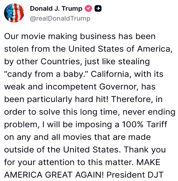 Mensaje de Donald Trump en Truth Social sobre aranceles a pelculas hechas fuera de EE. UU.