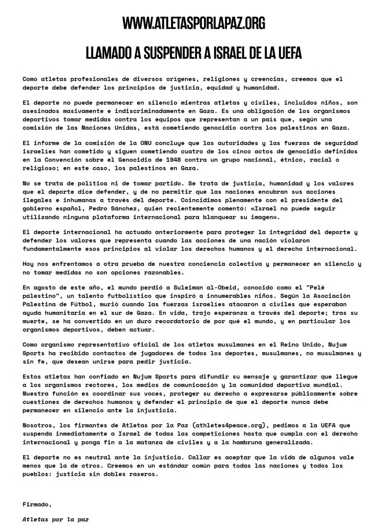 El comunicado de 'Atletas por la Paz'.
