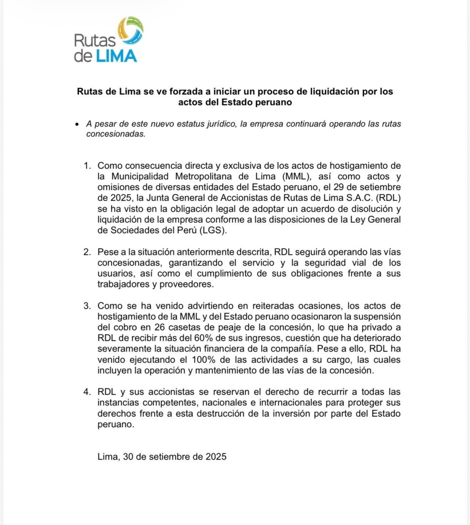 Comunicado de la empresa Rutas de Lima