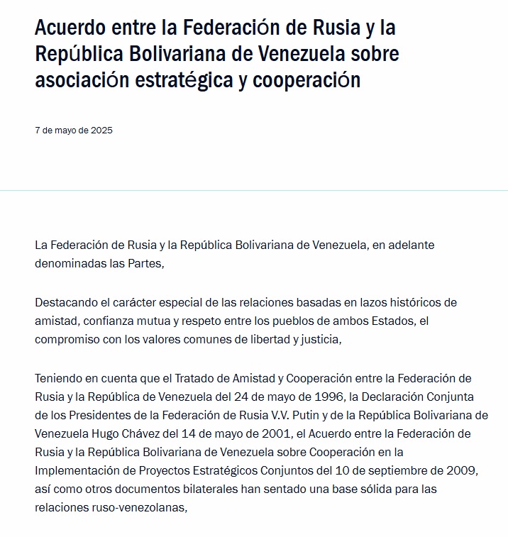 Texto del acuerdo entre Rusia y Venezuela
