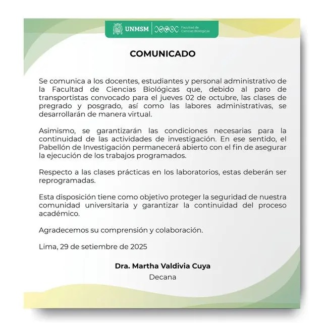 Comunicado de Facultad de Ciencias Biolgicas UNMSM