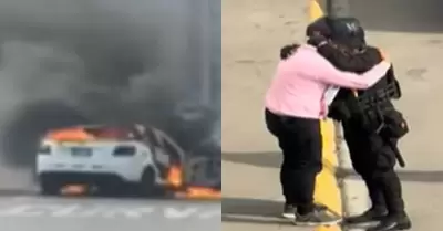 Taxista fue consolado por polica tras perder su auto en incendio.