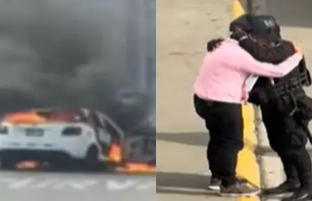 Taxista fue consolado por polica tras perder su auto en incendio.