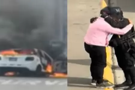 Taxista fue consolado por polica tras perder su auto en incendio.