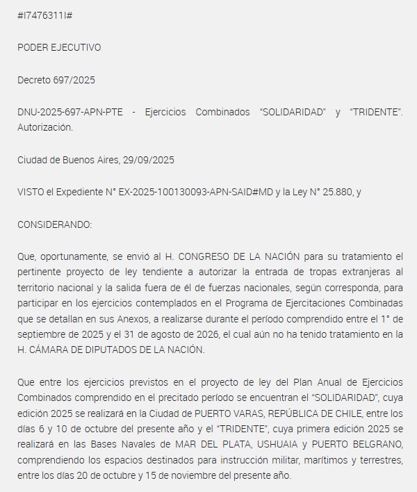 Decreto de urgencia firmado por Milei.