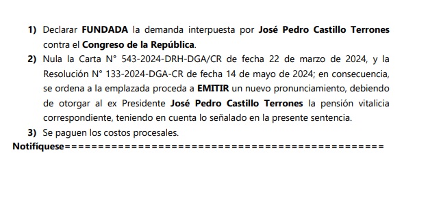 Fallo que le devuelve la pensin a Pedro Castillo.