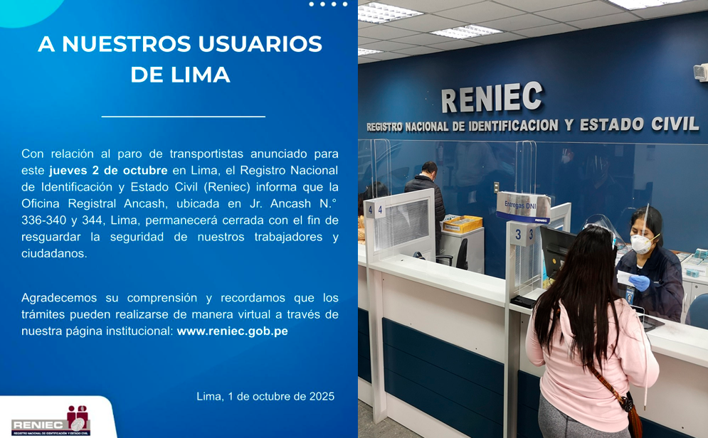 Reniec anuncia suspensin de su sede en Jr. ncash por paro de transportistas.