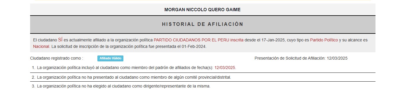Consulta Morgan Quero afiliacin a partido poltico