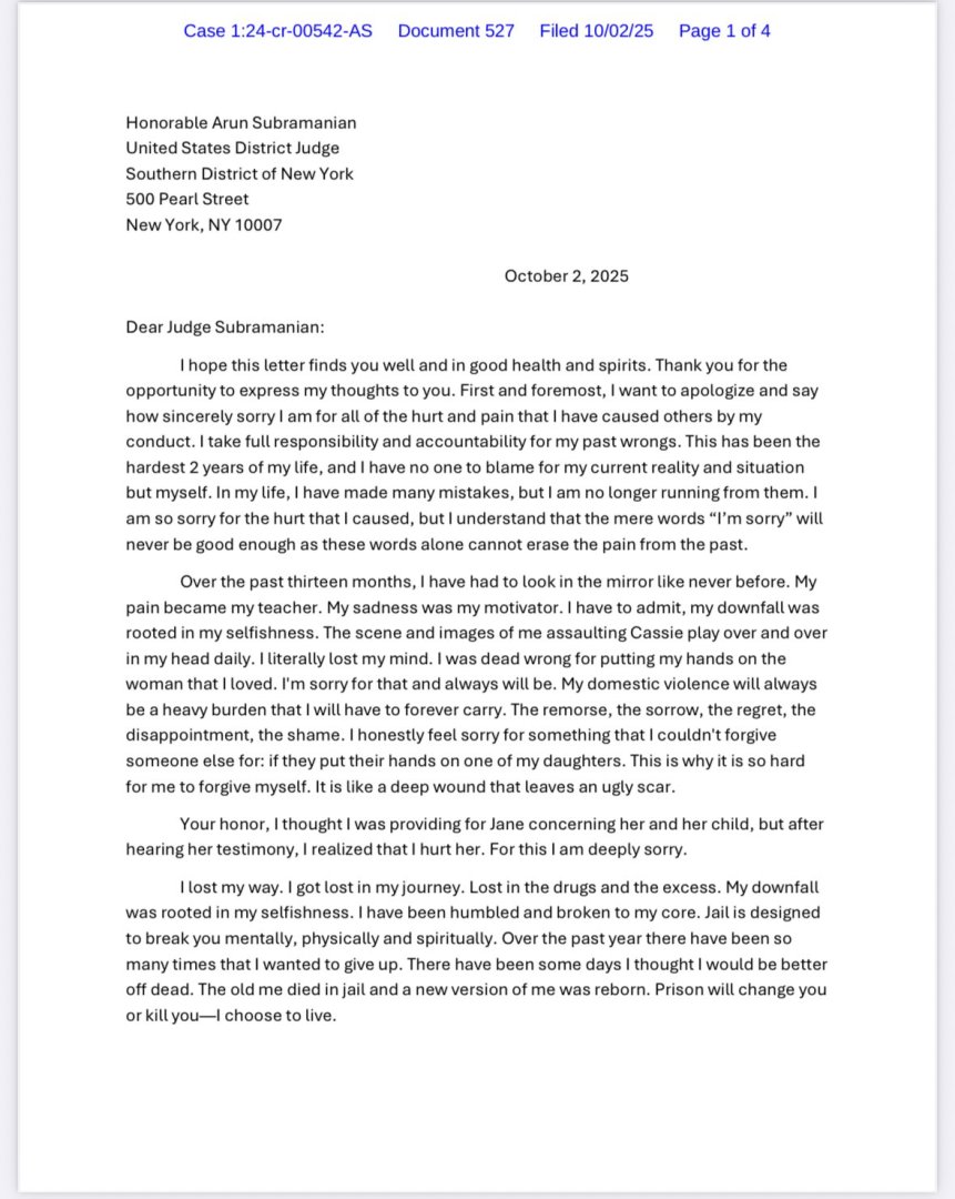 Carta de Combs al juez Subramanian.