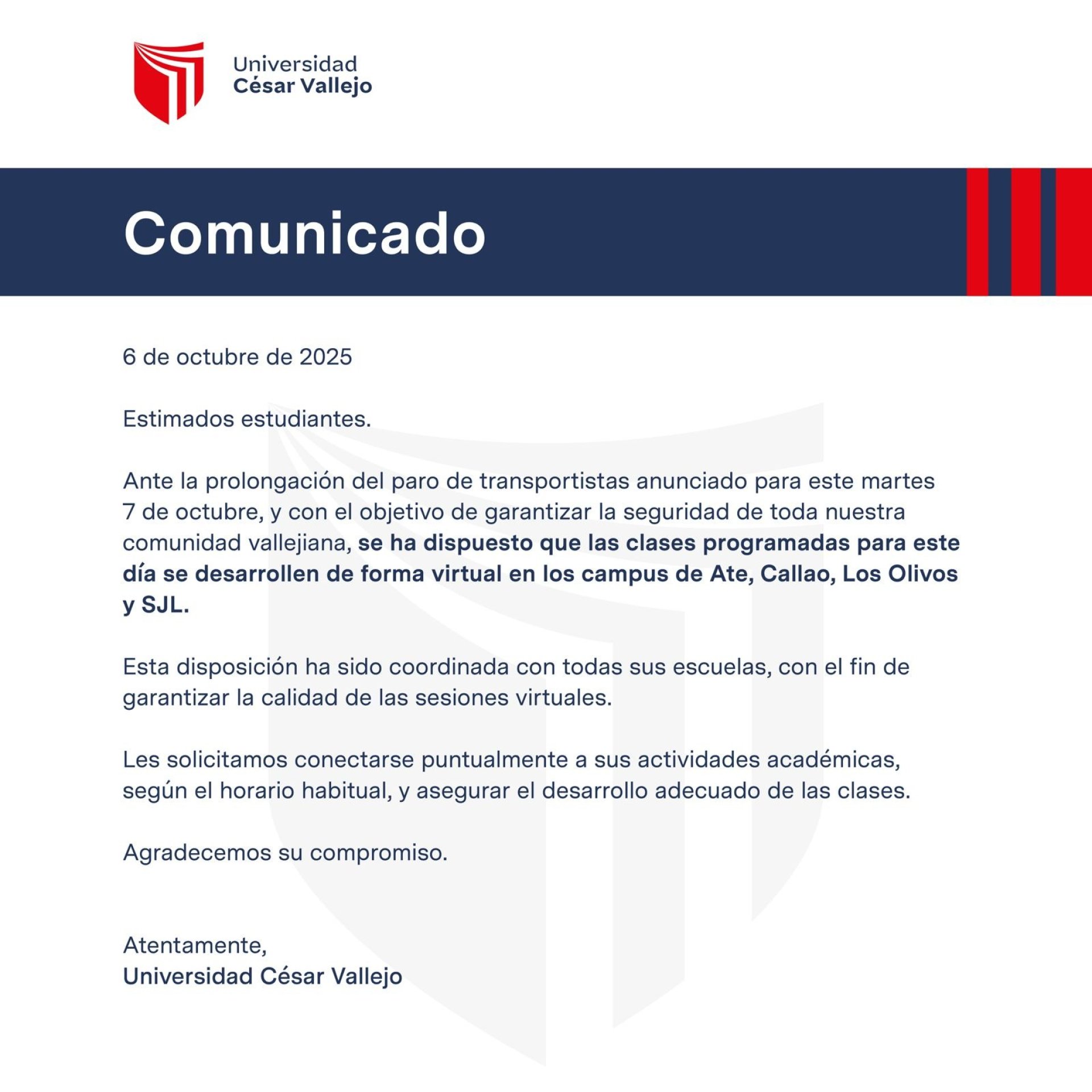 Comunicado de UCV sobre extensin de clases virtuales