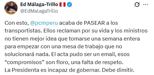 Edgar Mlaga exigi la renuncia de Dina Boluarte.