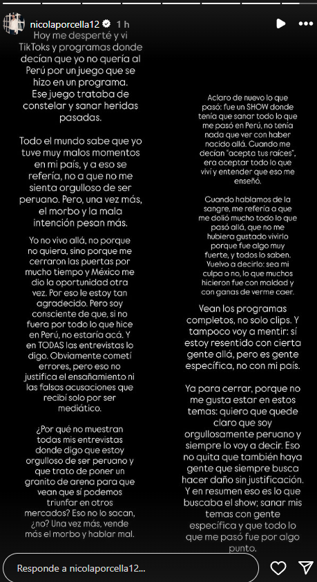 Nicola Porcella se pronuncia tras negar ser peruano