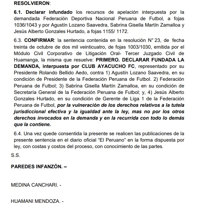 Resolucion que le permite a Ayacucho FC seguir disputando la Liga1 2025.