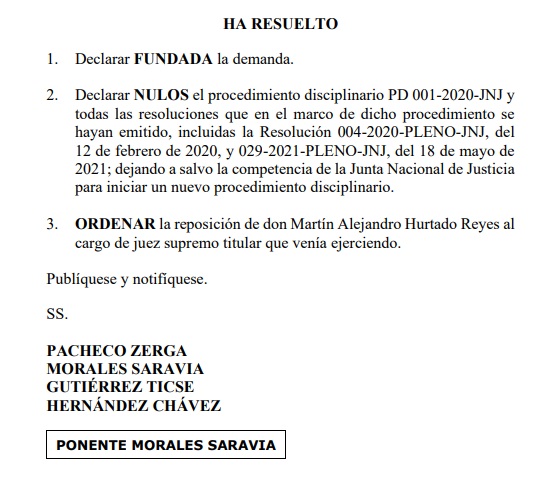 Resolucin que restituye al juez Martn Hurtado Reyes en la CSJ.