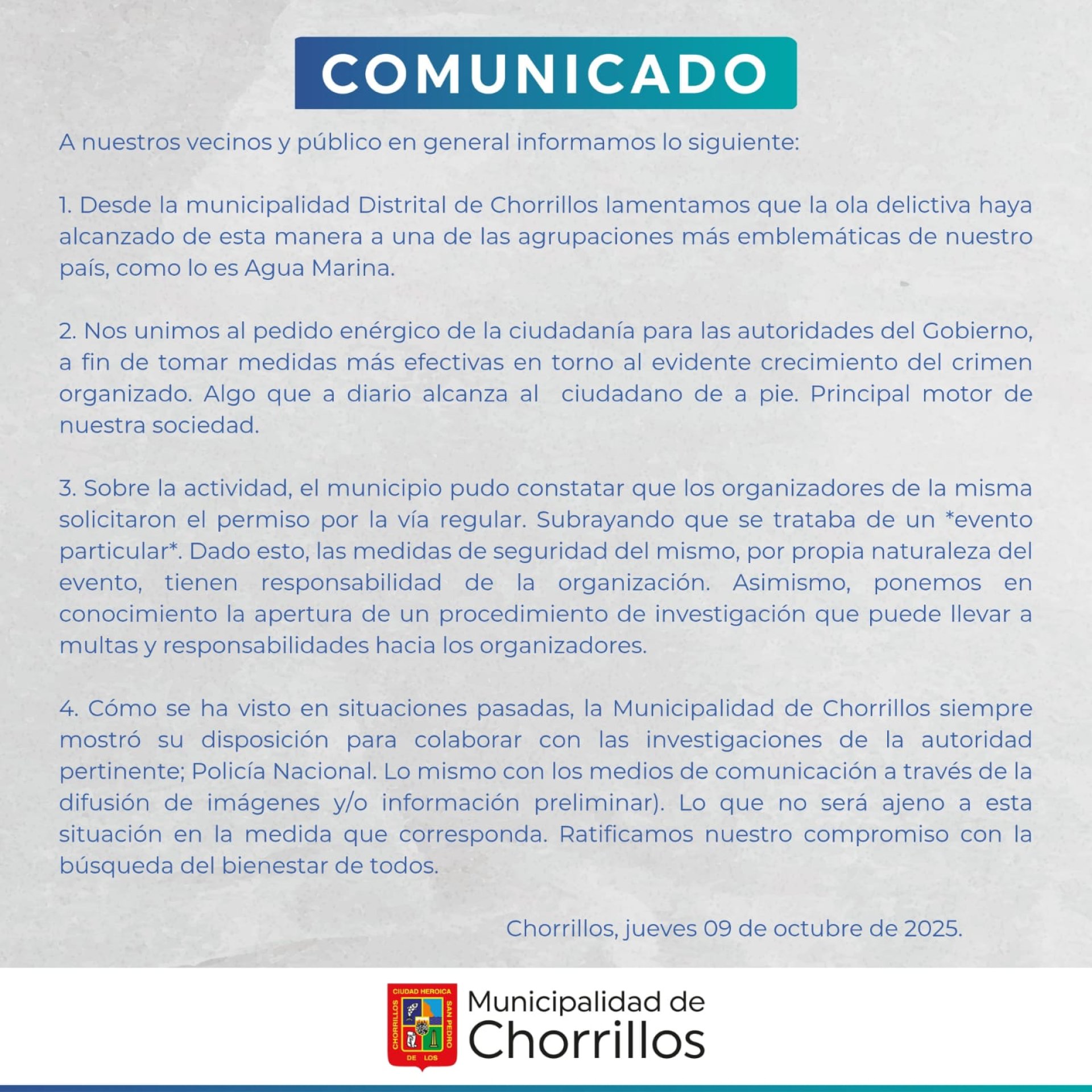 Municipalidad de Chorrillos confirm que el evento donde toc Agua Marina tena los permisos necesarios.
