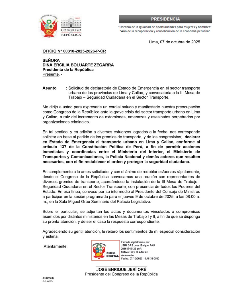 Oficio N. 00310-2025-2026-P-CR
