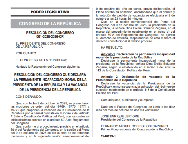 Resolucin del Congreso N. 001-2025-2026-CR.