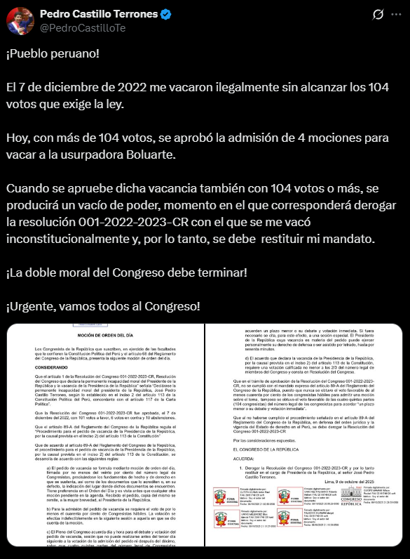 Pedro Castillo exige volver al poder y llama "usurpadora" a Dina Boluarte tras su vacancia
