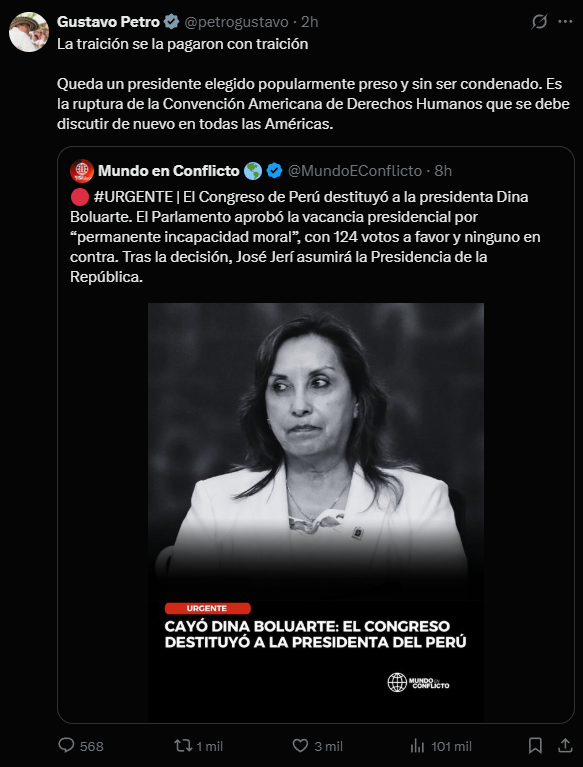Gustavo Petro arremete contra Dina Boluarte tras su vacancia