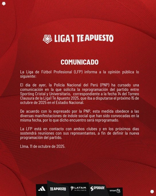 Liga 1 confirm que el Sporting Cristal vs. Universitario fue postergado.
