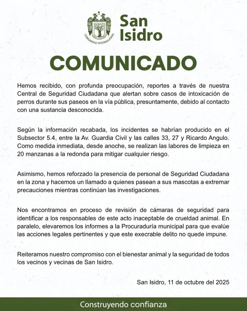 Municipalidad de San Isidro conden envenenamiento de mascotas en sus calles.