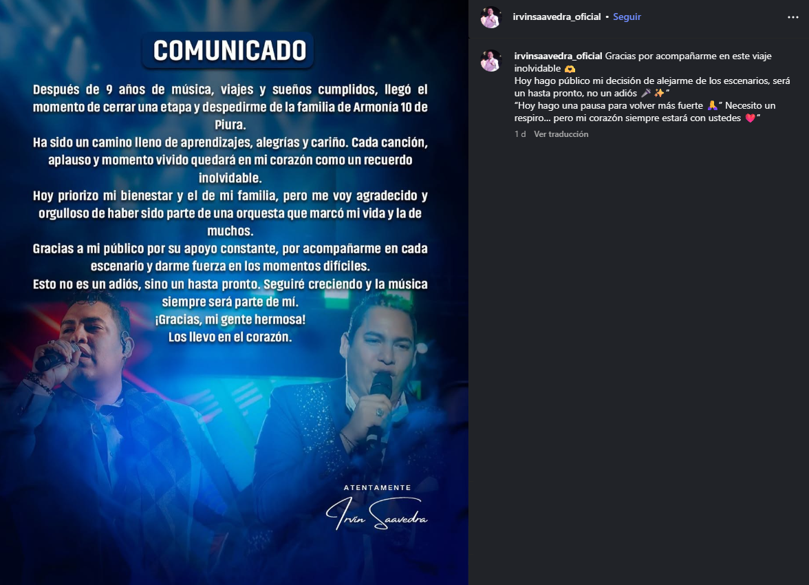 Irvin Saavedra confirma su retiro de Armona 10 en medio de ola de extorsiones