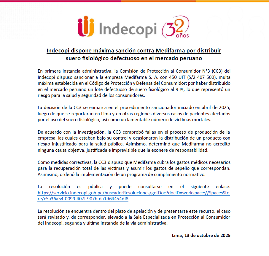 Comunicado de Indecopi por sancin contra Medifarma