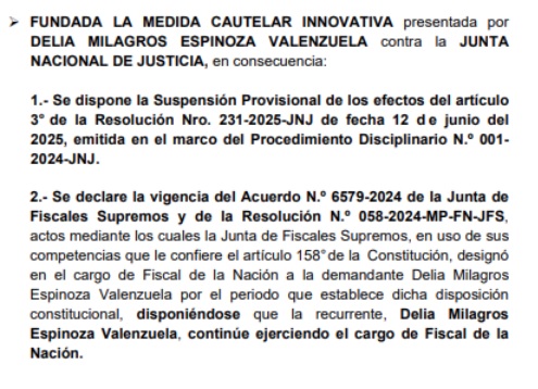 Resolucin que ordena restitucin de Delia Espinoza como fiscal de la Nacin.