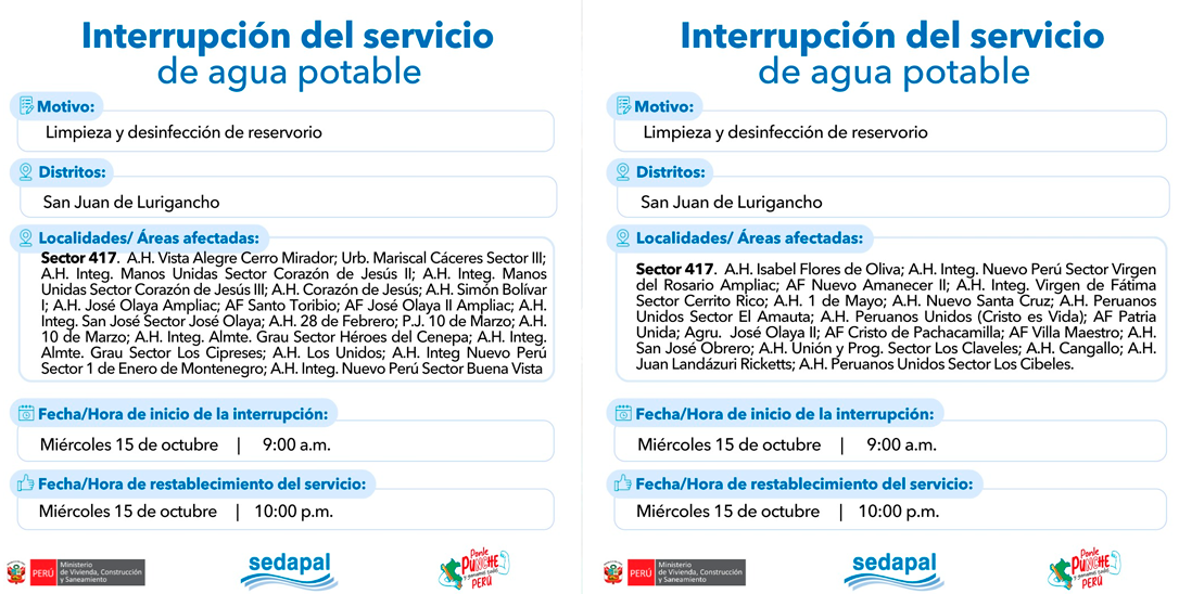 Corte de agua programado en SJL.