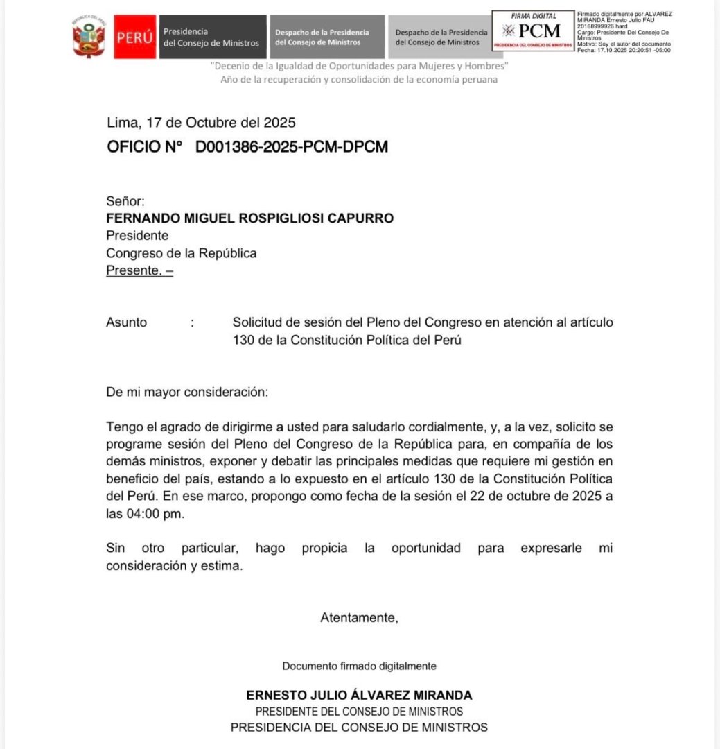 Ernesto lvarez solicita asistir al Congreso el 22 de octubre.
