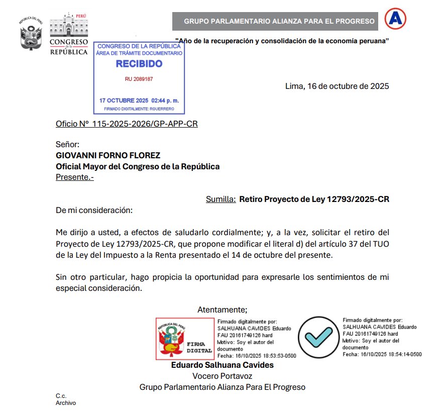 Documento de APP para el retiro del proyecto de ley