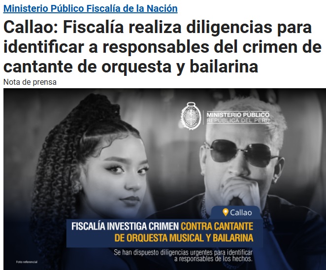 Nota de prensa de la fiscala del Callao que inicia investigaciones por el crimen de salsero y bailarina.