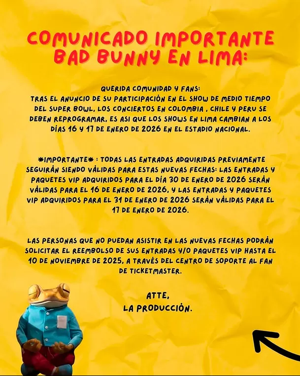 Comunicado sobre la reprogramacin de los conciertos de Bad Bunny en Lima