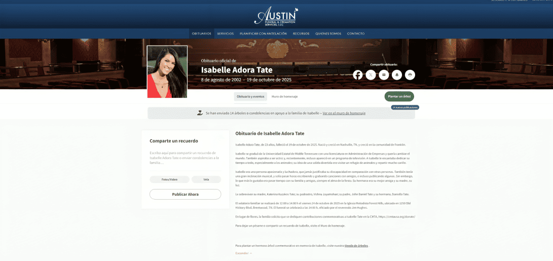 Obituario de Isabelle Tate