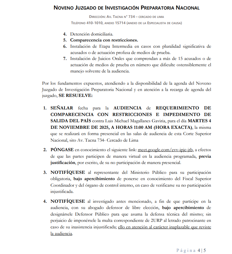 Programación de audiencia de impedimento de salida contra Luis Magallanes