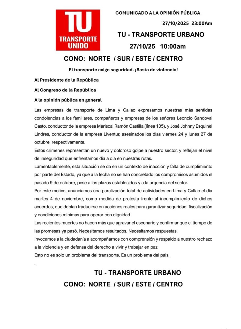 Transportistas acatarán nuevo paro el próximo 4 de noviembre.