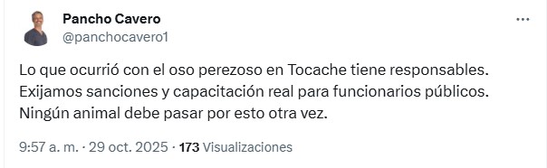 Pronunciamiento de Pancho Cavero tras caso de oso perezoso