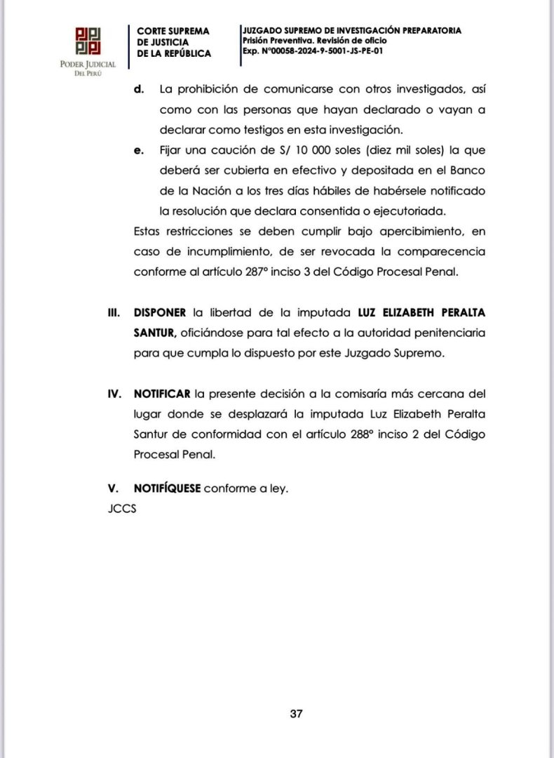 Disponen la libertad de la fiscal de lavado de activos, Elizabeth Peralta