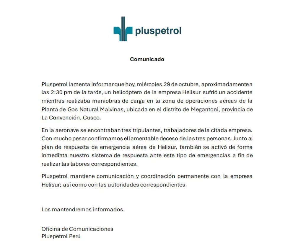 Comunicado de prensa de Pluspetrol tras accidente.