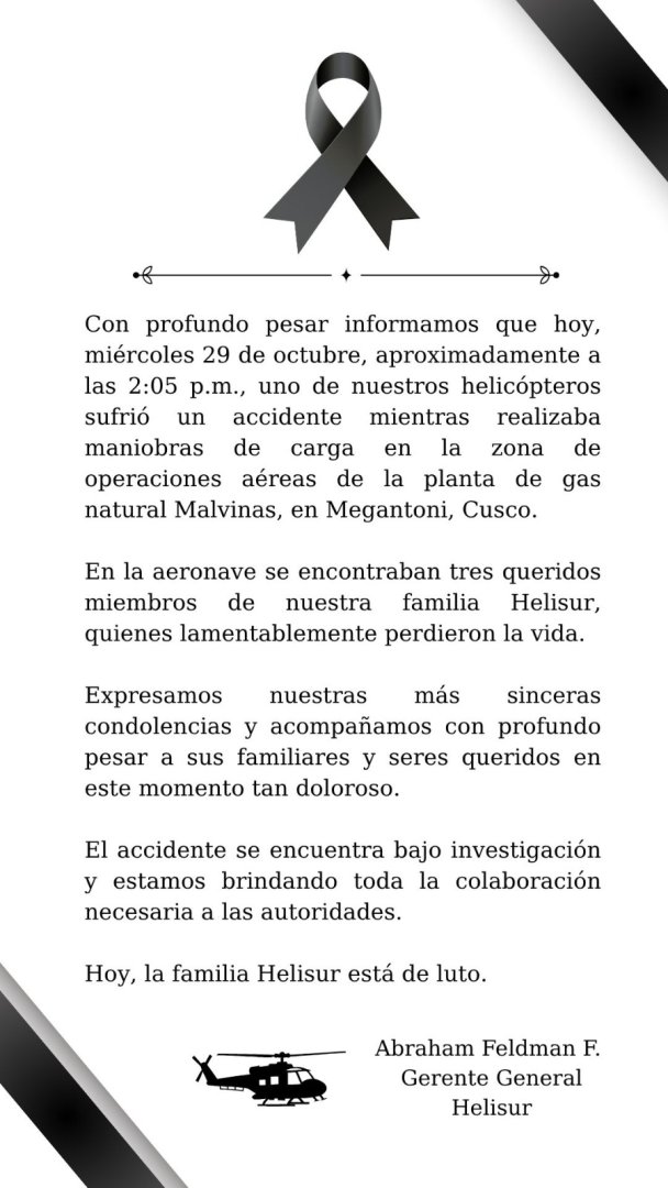 El pronunciamiento de Helisur tras el siniestro.