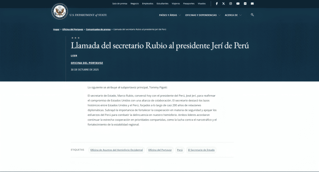 Departamento de Estado de EE.UU. comfirma diálogo entre Marco Rubio y José Jerí