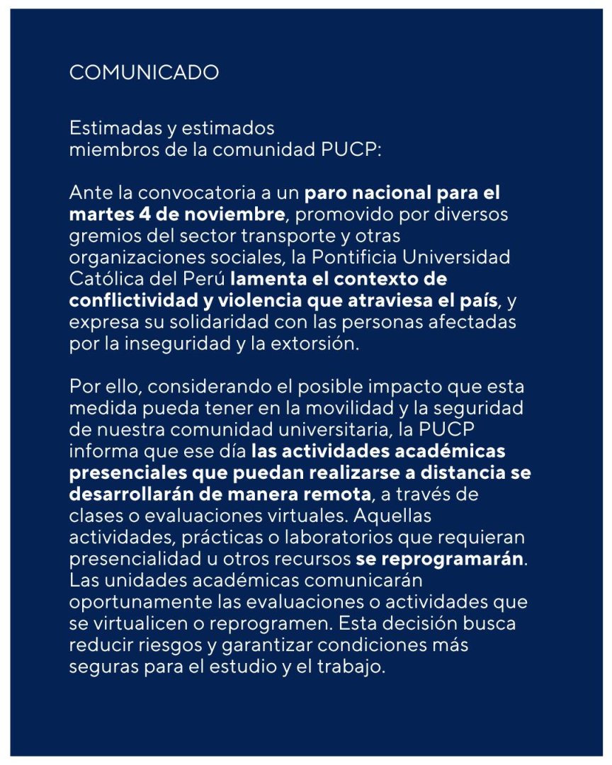 PUCP dictará clases en modalidad virtual este 4 de noviembre