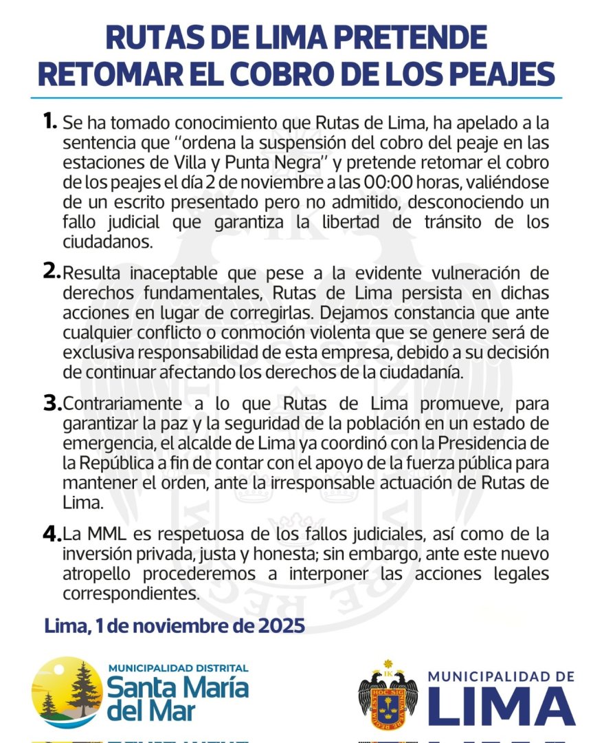 Municipalidad de Lima rechaza decisin de Rutas de Lima.