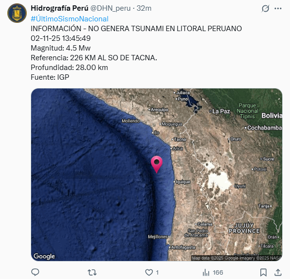 Dirección de Hidrografía descarta alerta de tsunami
