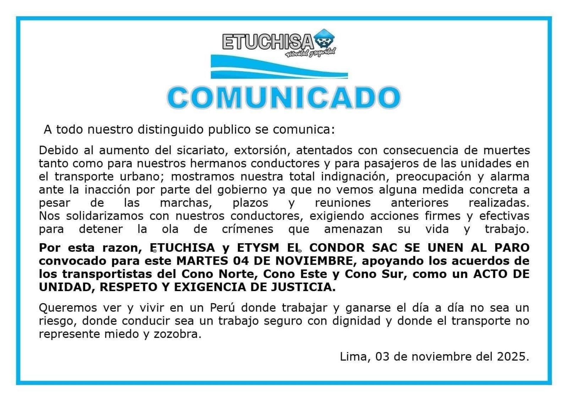 Los Chinos se unen al paro de transportes de este 4 de noviembre.