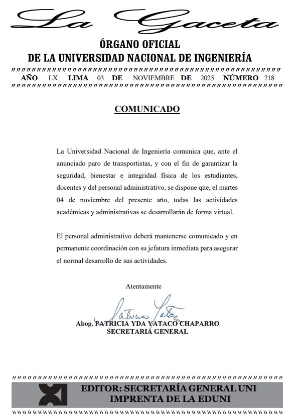 UNI anuncia clases virtuales por el paro del 4 noviembre