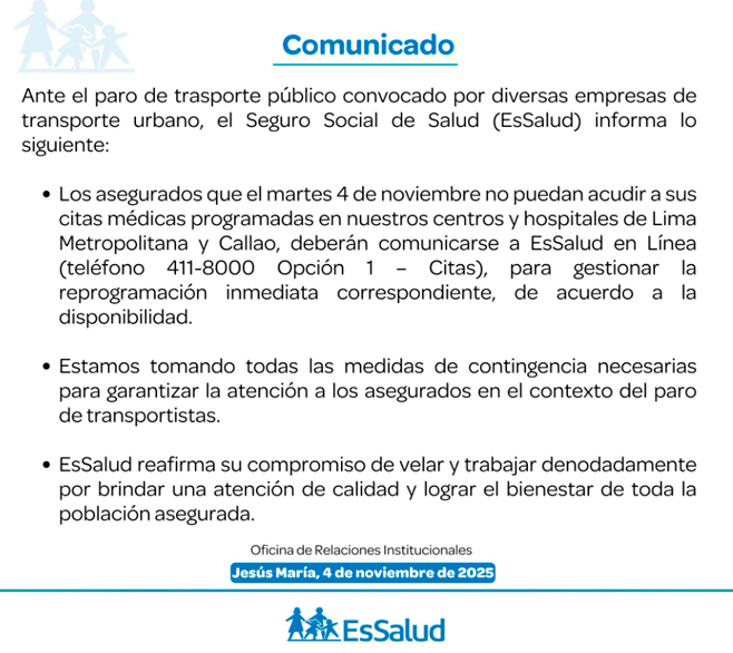 Comunicado de EsSalud ante el paro de transportistas de este martes, 4 de noviembre.