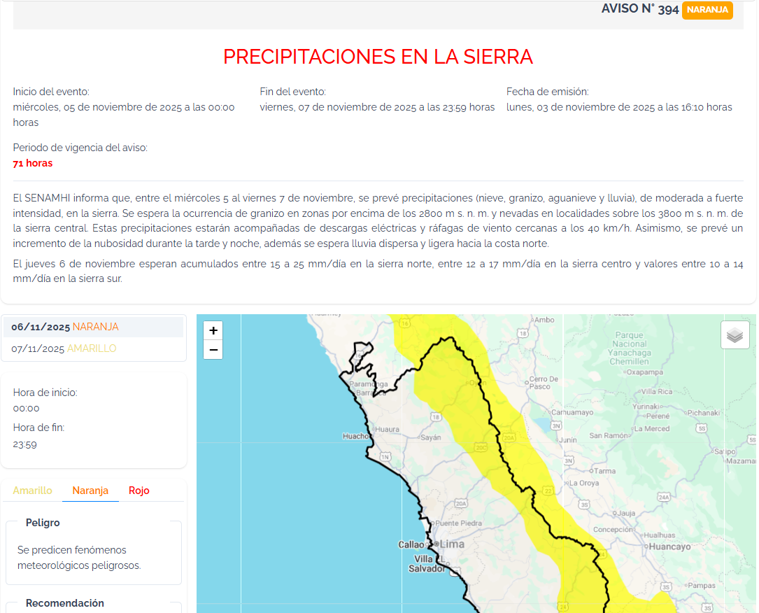 Alerta naranja por precipitaciones en la sierra