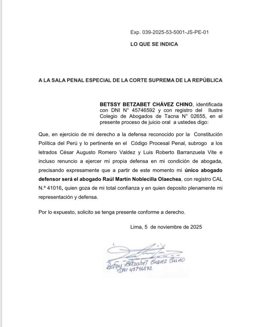 Documento de Betssy Chávez dando a conocer cambios en su defensa legal.