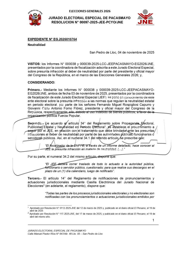 JEE informa sobre presunta infracción a neutralidad electoral